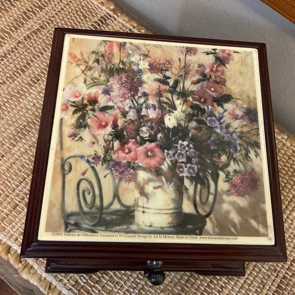 Vintage Dark Brown Wood Jewelry Box Fabrice de Villeneuve Floral Design Top